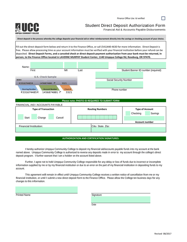 Student Direct Deposit Authorization Form screenshot