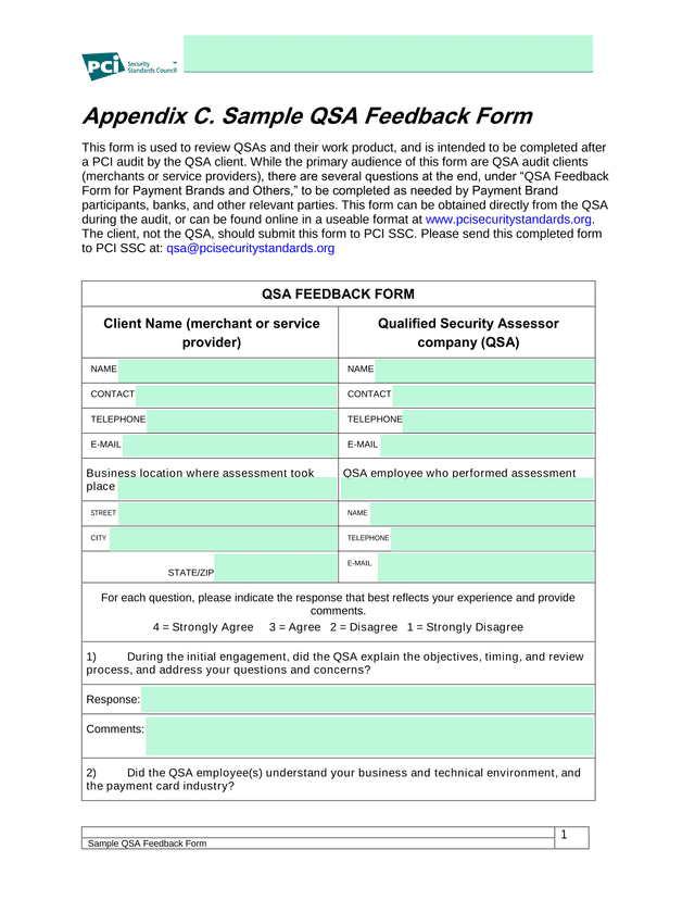 Sample QSA Feedback Form screenshot