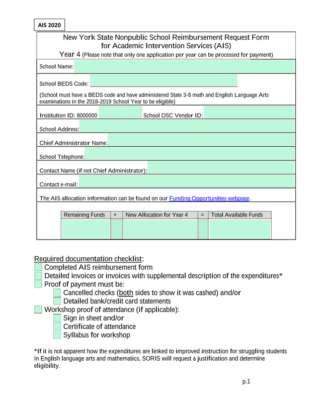 New York State Nonpublic School Reimbursement Request Form For Academic Intervention Services (AIS) screenshot