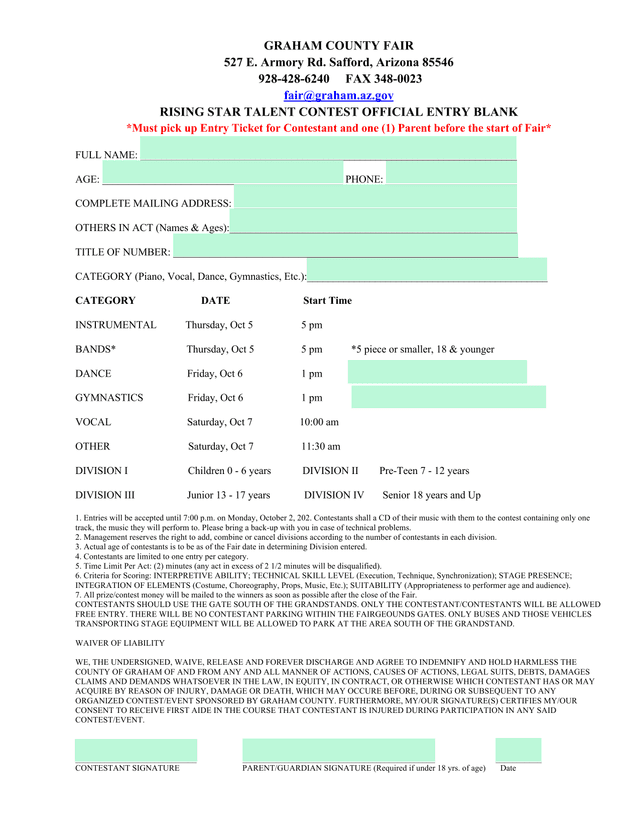 Rising Star Talent Contest Official Entry Blank screenshot