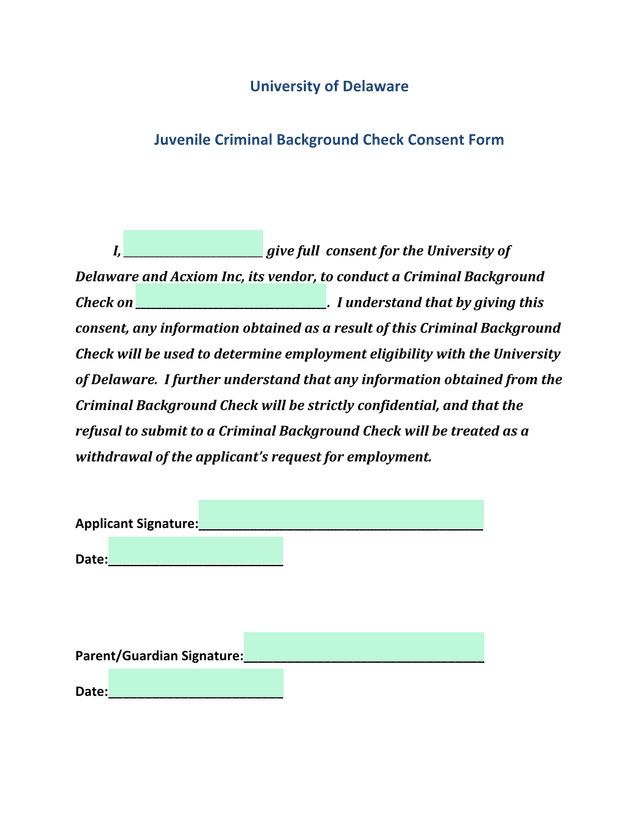 Juvenile Criminal Background Check Consent Form screenshot