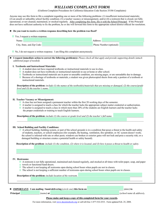 Williams Complaint Form screenshot