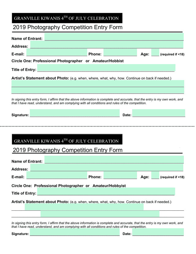 GRANVILLE KIWANIS 4TH OF JULY CELEBRATION 2019 Photography Competition Entry Form screenshot