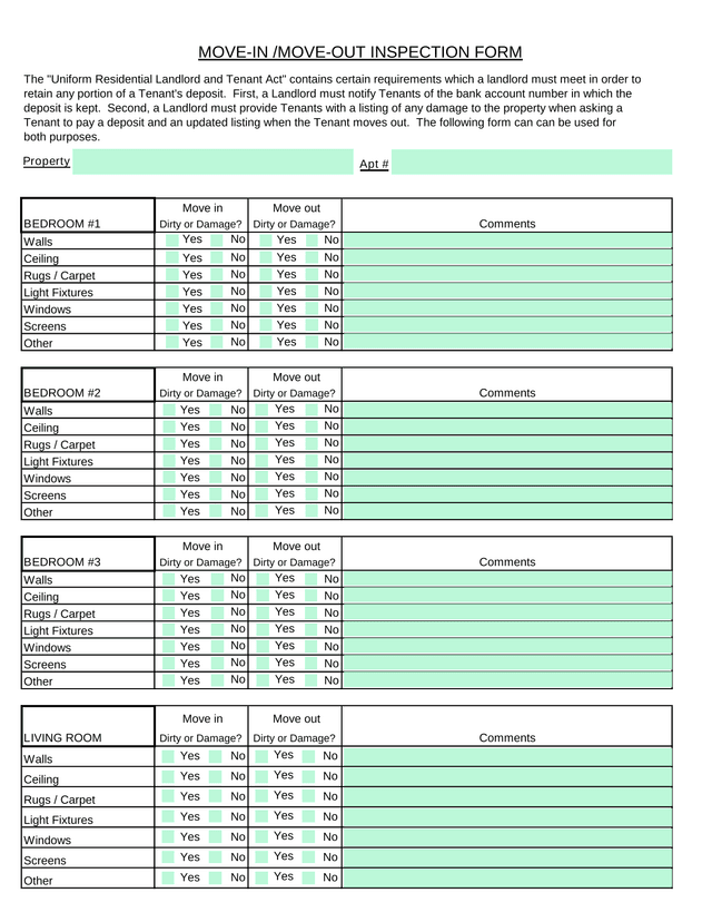 MOVE IN MOVE OUT INSPECTION FORM screenshot