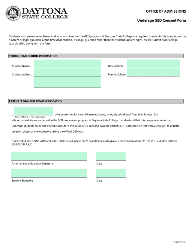 Underage GED Consent Form screenshot