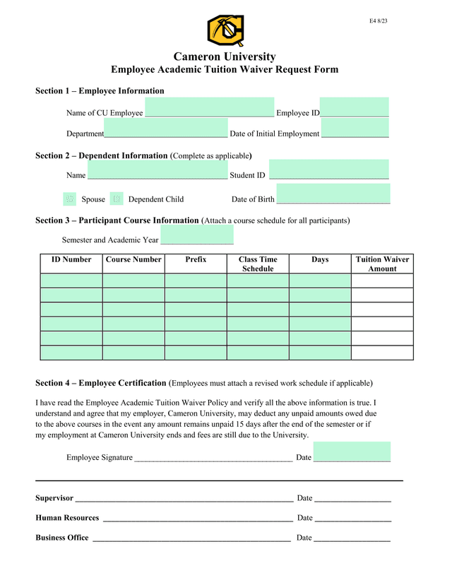 Employee Academic Tuition Waiver Request Form screenshot