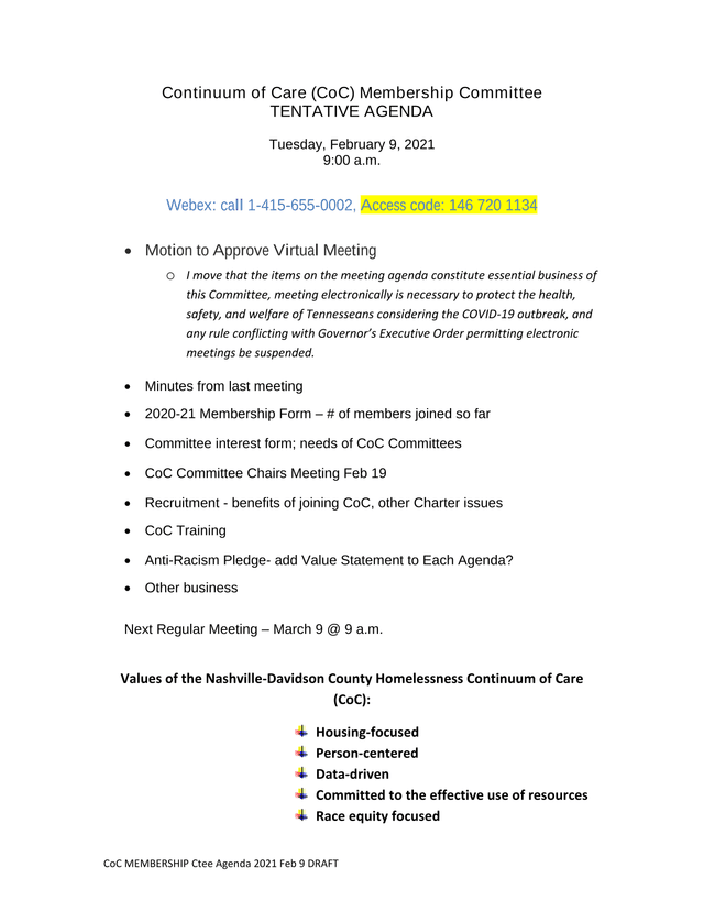 CoC MEMBERSHIP Ctee Agenda 2021 Feb 9 DRAFT screenshot