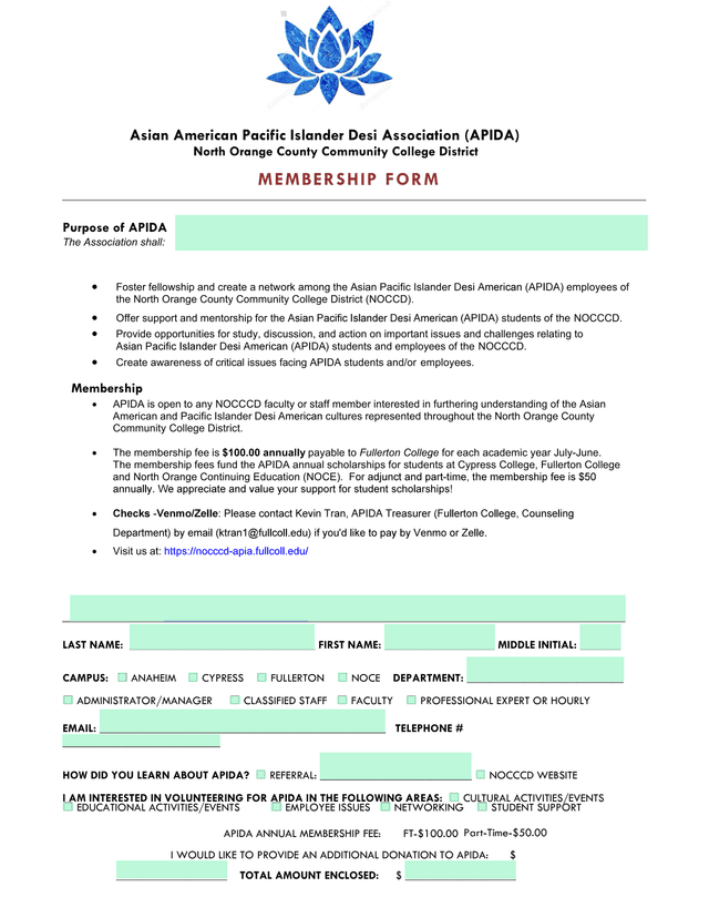 Asian American Pacific Islander Association (API A) Membership Form screenshot