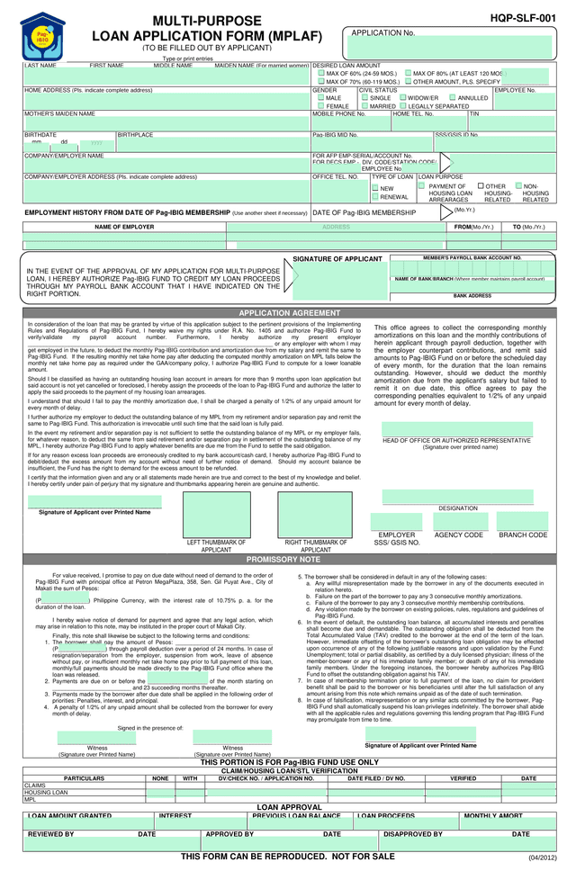 Multi Purpose Loan Application Form (MPLAF) screenshot
