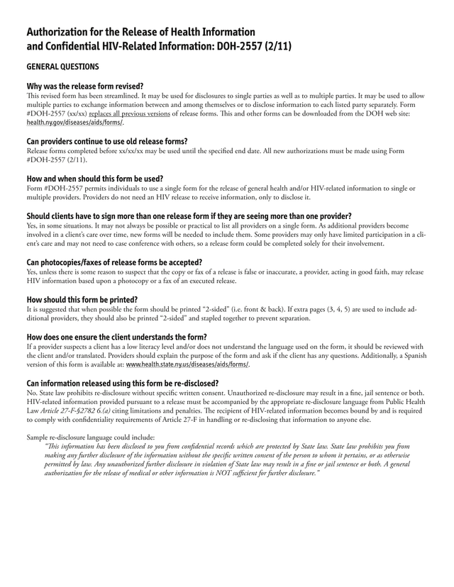 Authorization For The Release Of Health Information And Confidential HIV Related Information DOH 255 screenshot