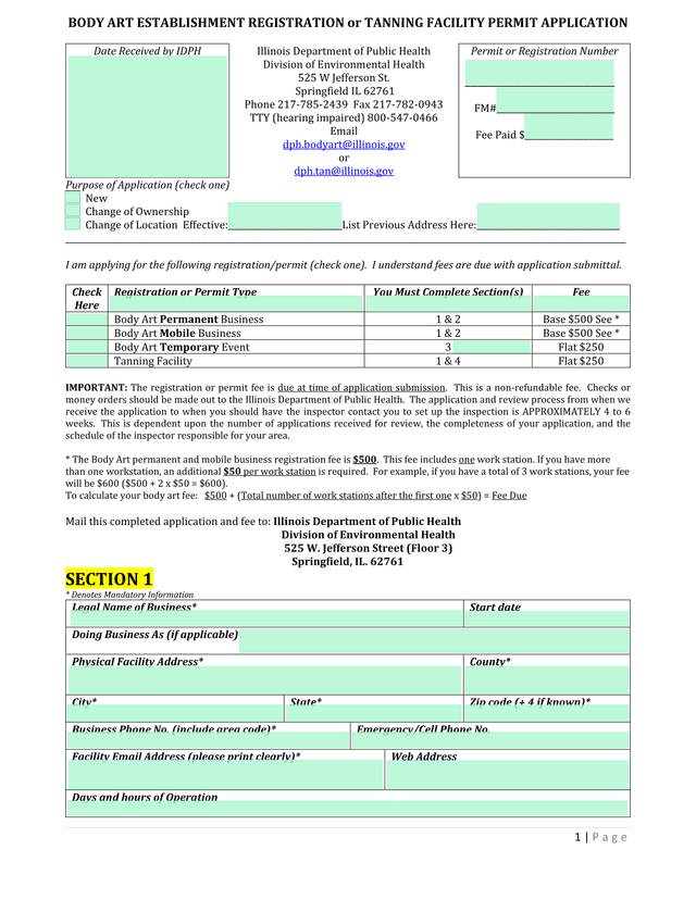 Body Art Establishment Registration Or Tanning Facility Permit Application screenshot