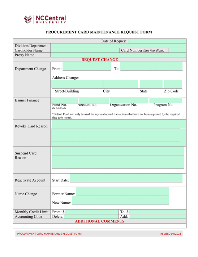 PROCUREMENT CARD MAINTENANCE REQUEST FORM screenshot