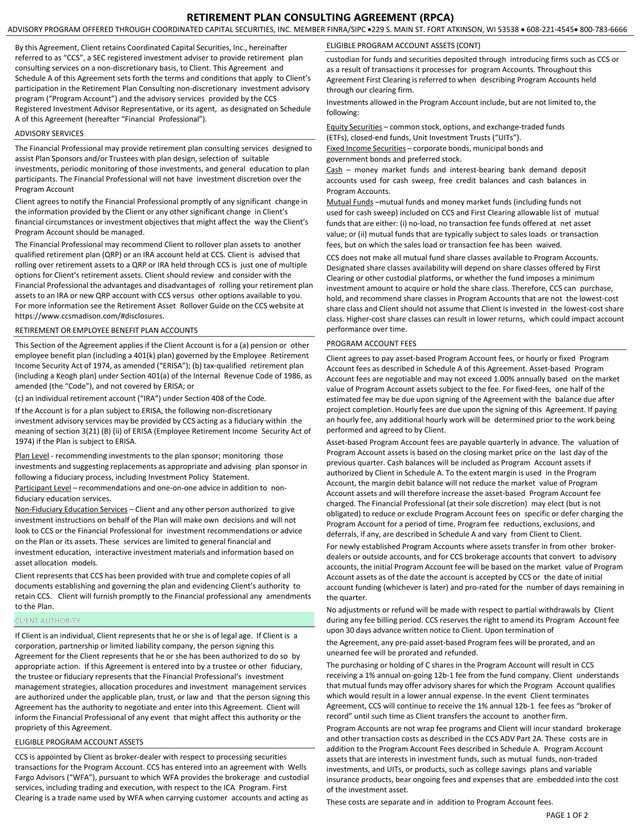 Retirement Plan Consulting Agreement (RPCA) screenshot