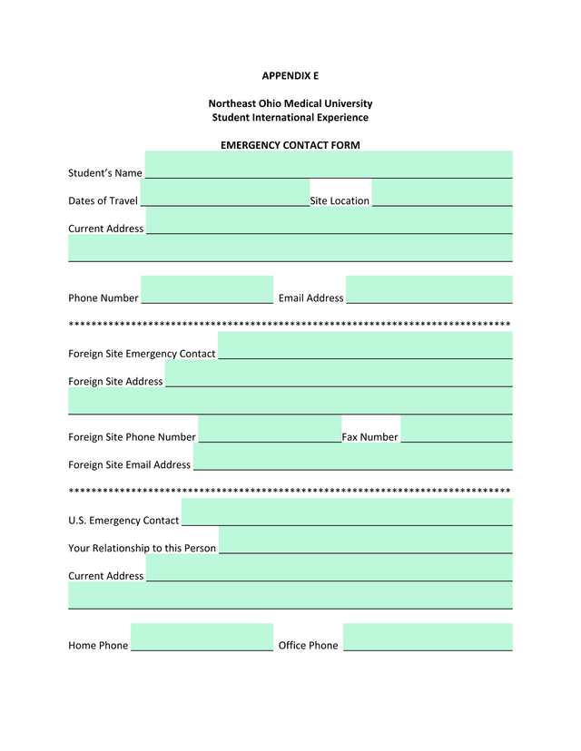 Student International Experience Emergency Contact Form screenshot