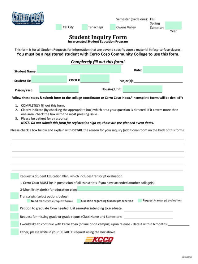 Cerro Coso Community College Student Inquiry Form screenshot