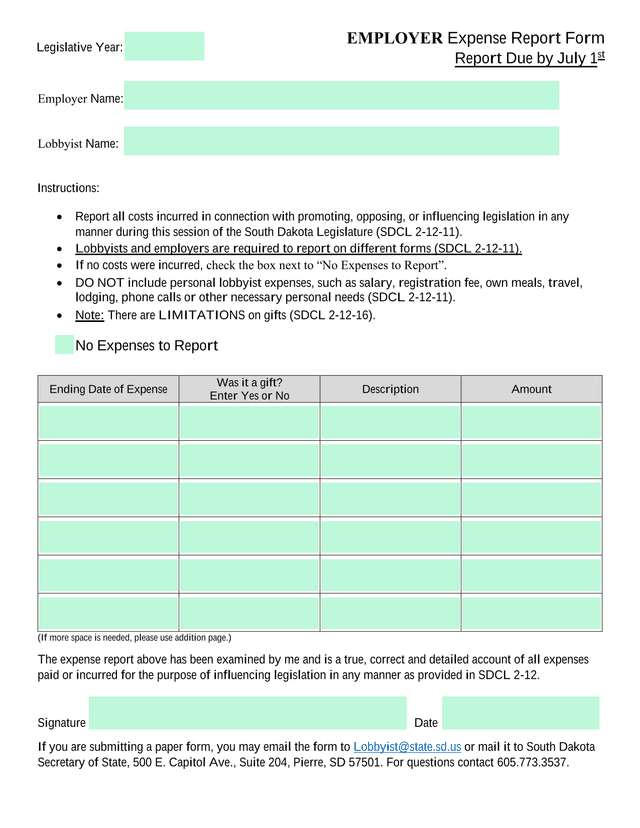 Employer Expense Report Form screenshot