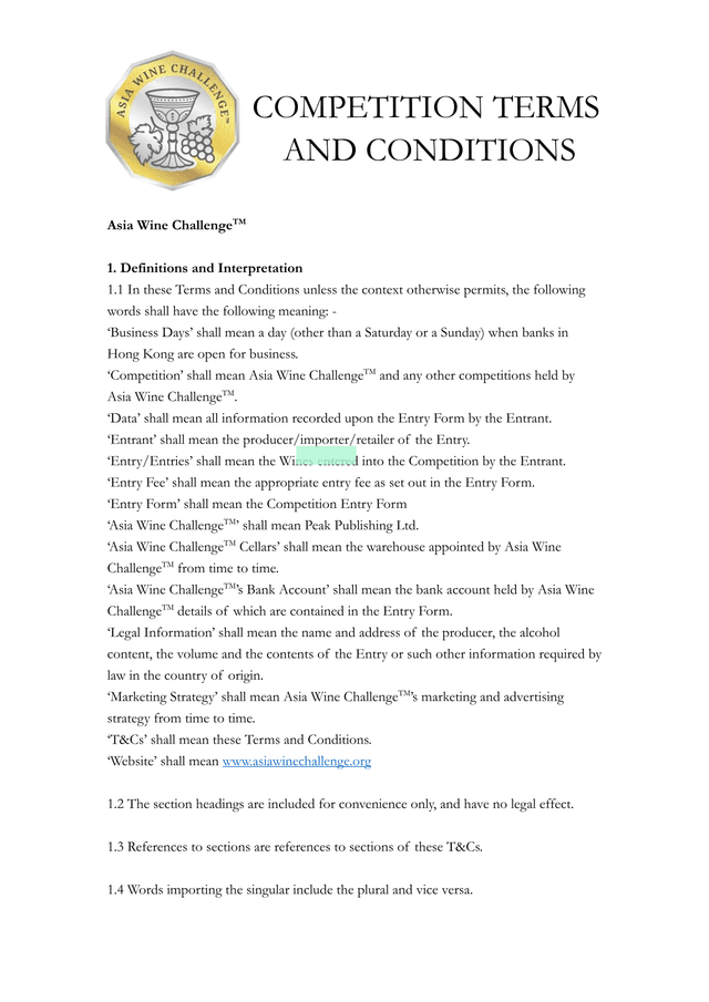Asia Wine ChallengeTM Competition Terms And Conditions screenshot