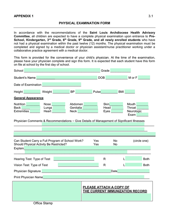 Physical Examination Form screenshot