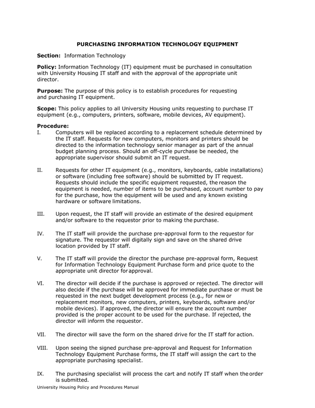 University Housing Policy And Procedures Manual   Purchasing Information Technology Equipment screenshot