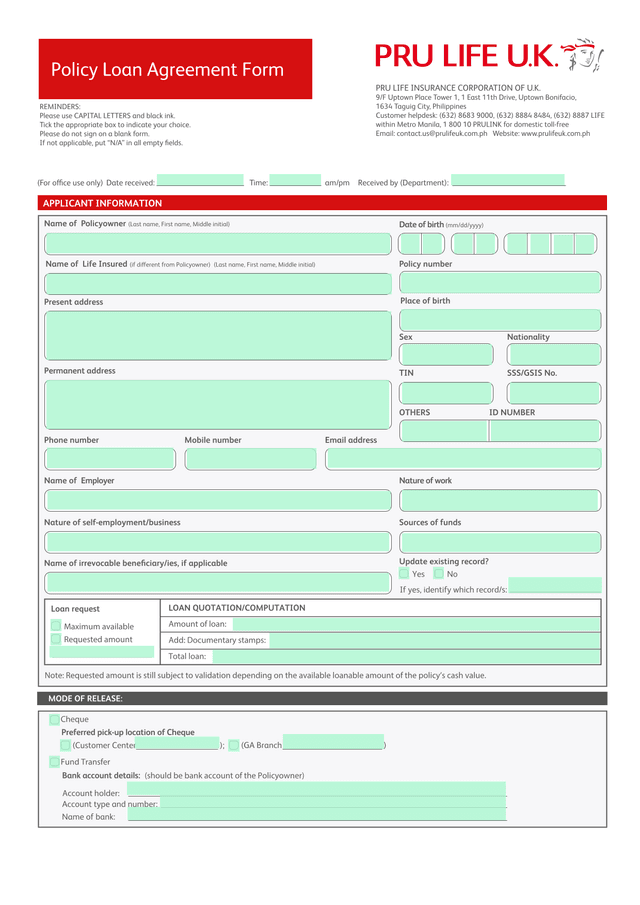Policy Loan Agreement Form screenshot