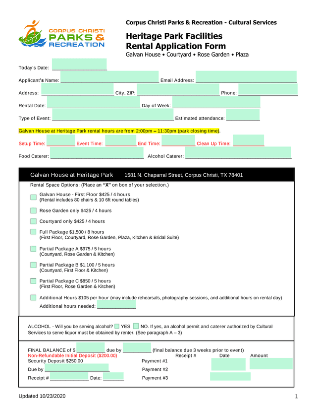 Heritage Park Facilities Rental Application Form screenshot