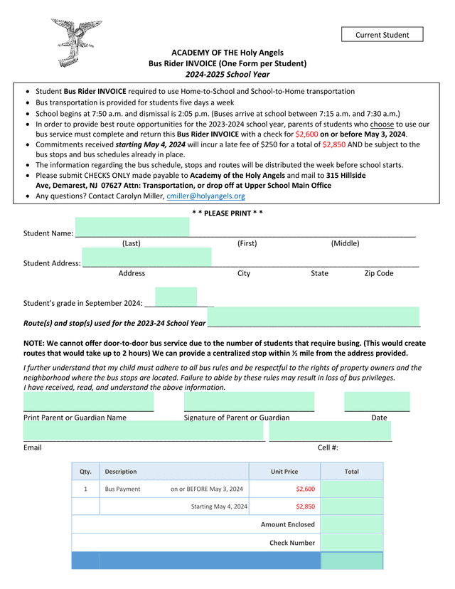 Academy Of The Holy Angels Bus Rider INVOICE screenshot