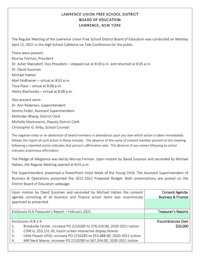 Lawrence Union Free School District Board Of Education Meeting Minutes screenshot