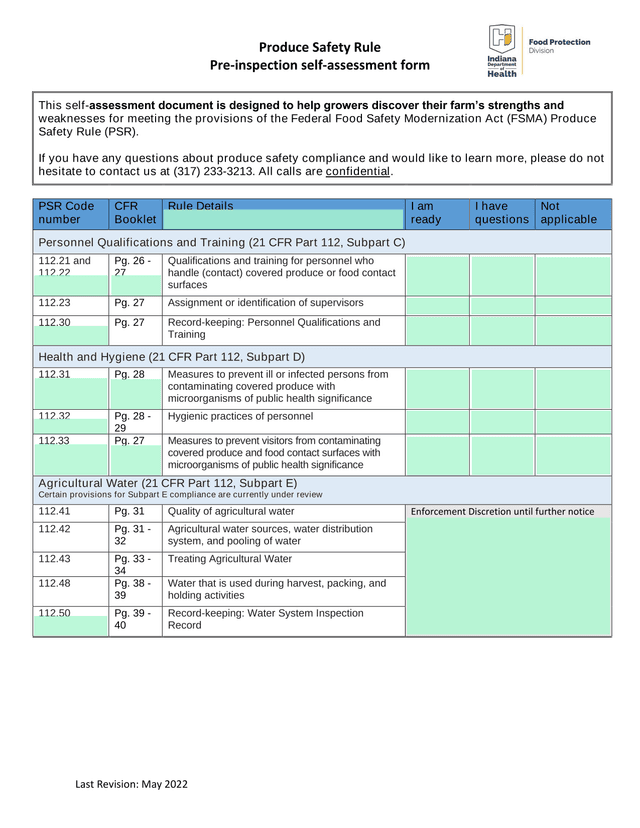 Produce Safety Rule Pre Inspection Self Assessment Form screenshot