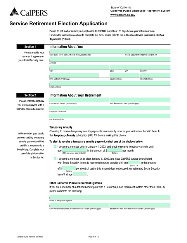 CalPERS Service Retirement Election Application screenshot