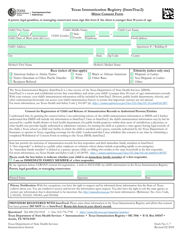 Texas Immunization Registry (ImmTrac2) Minor Consent Form screenshot