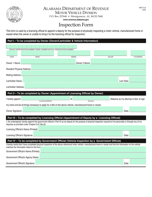 Alabama Department Of Revenue Motor Vehicle Inspection Form screenshot