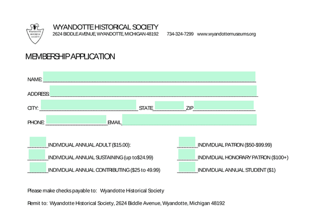 Wyandotte Historical Society Membership Application screenshot