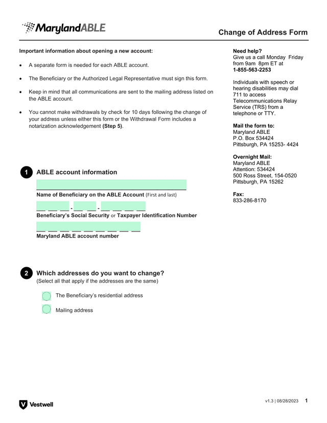 Change Of Address Form screenshot