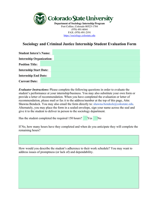 Sociology And Criminal Justice Internship Student Evaluation Form screenshot