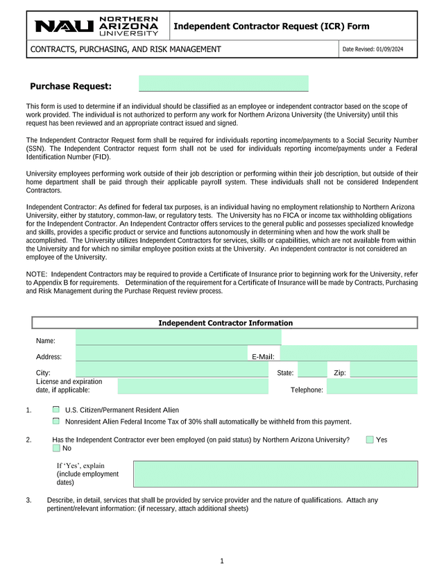 Independent Contractor Request (ICR) Form screenshot