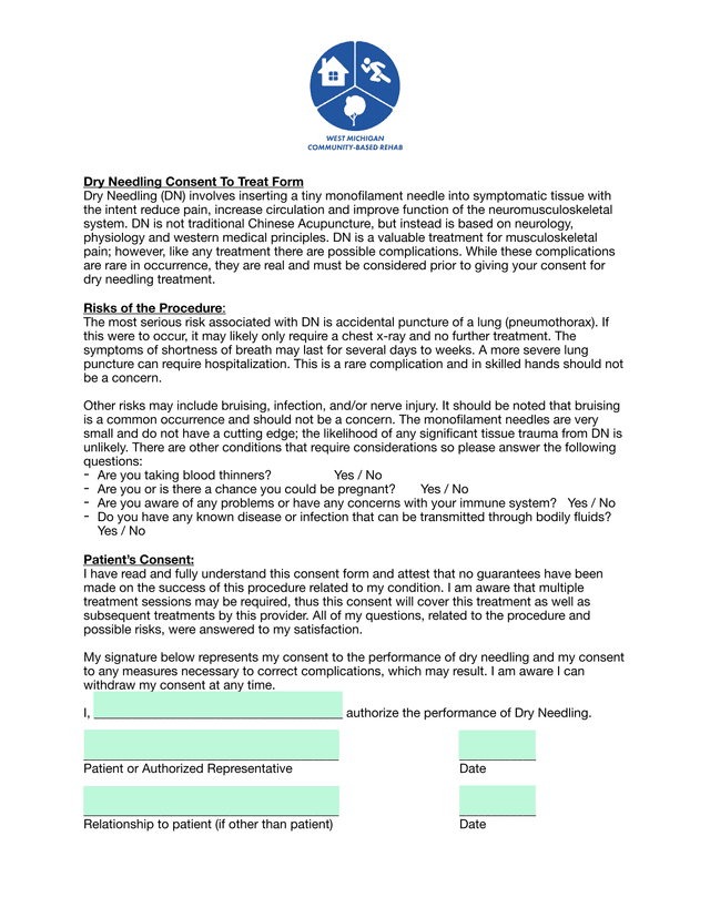 Dry Needling Consent To Treat Form screenshot