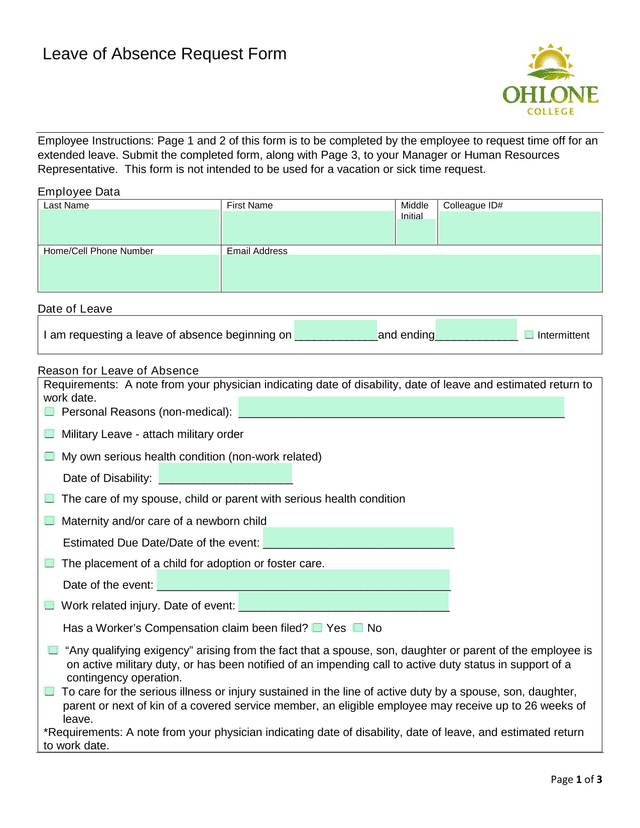 Leave Of Absence Request Form screenshot