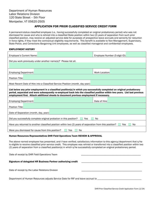 DHR Prior Classified Service Credit Application Form screenshot