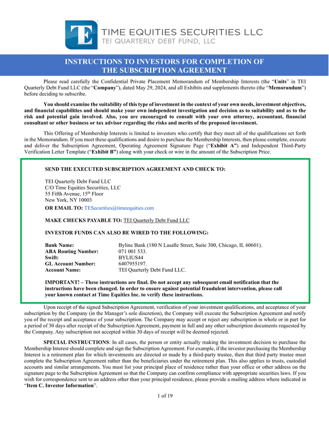 Confidential Private Placement Memorandum Of Membership Interests In TEI Quarterly Debt Fund LLC screenshot