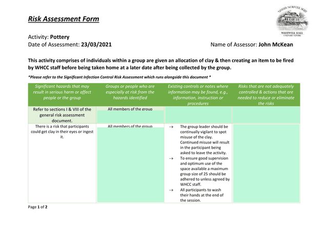 Risk Assessment Form screenshot