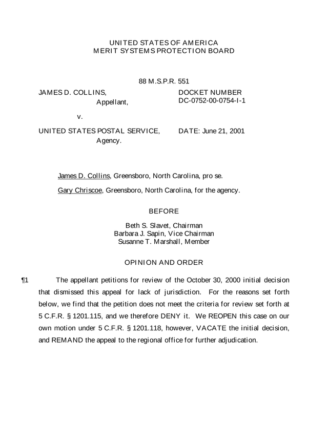 Merit Systems Protection Board Opinion James D. Collins V. United States Postal Service screenshot