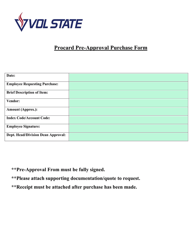 Procard Pre Approval Purchase Form screenshot