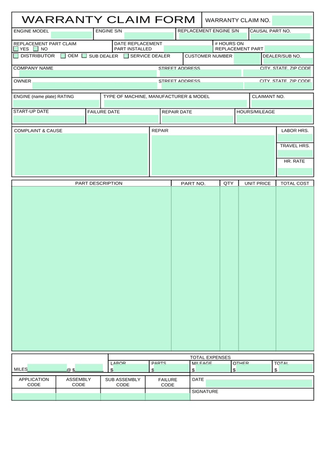Warranty Claim Form screenshot