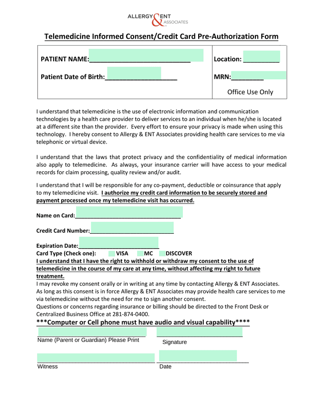 Telemedicine Informed ConsentCredit Card Pre Authorization Form screenshot