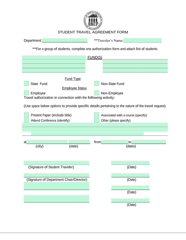STUDENT TRAVEL AGREEMENT FORM screenshot