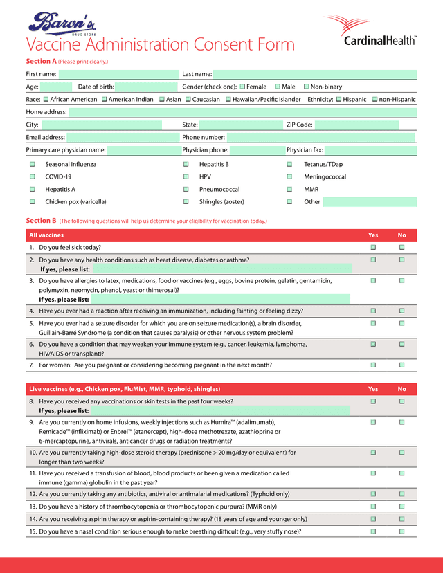 Vaccine Administration Consent Form screenshot