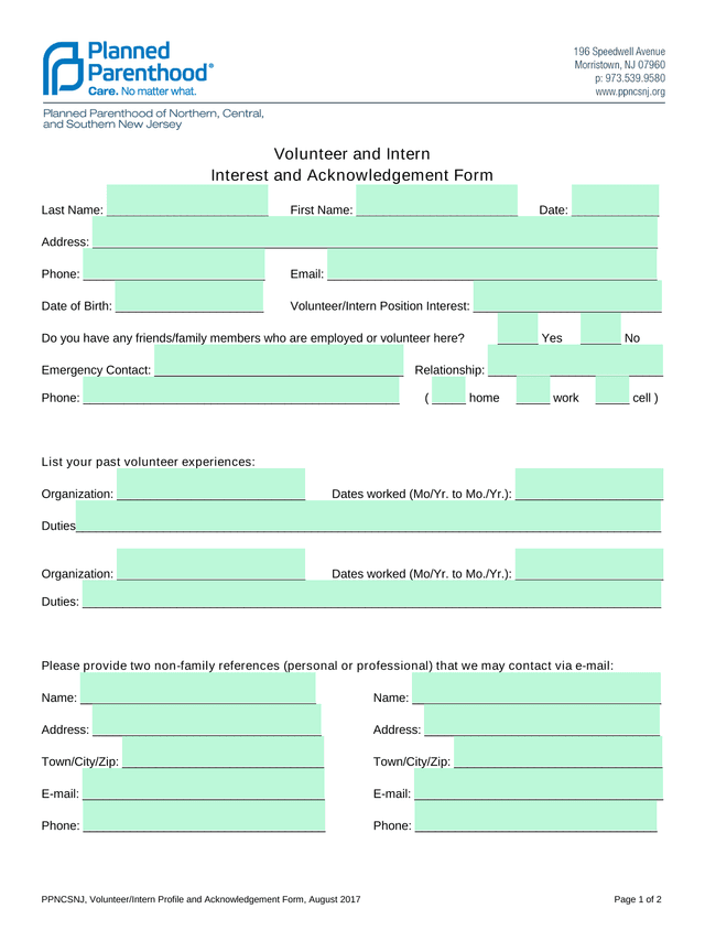 Volunteer And Intern Interest And Acknowledgement Form screenshot