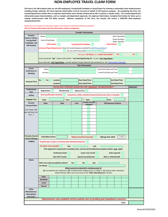 NON EMPLOYEE TRAVEL CLAIM FORM screenshot