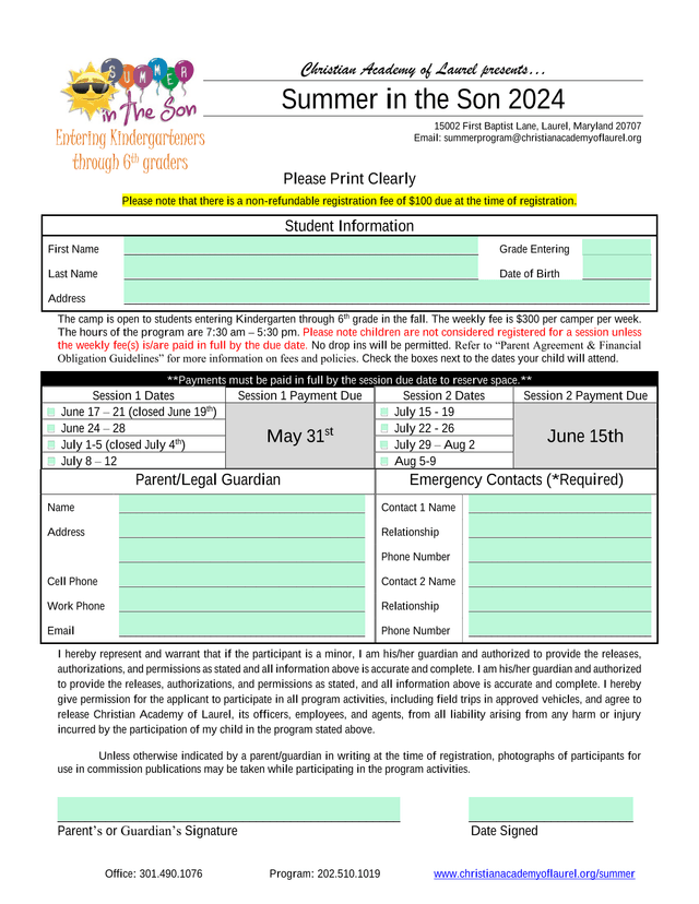 Summer In The Son 2024 Camp Registration screenshot