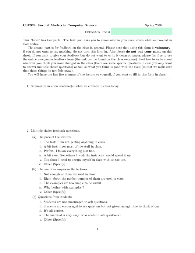 CSE322 Formal Models In Computer Science   Feedback Form screenshot